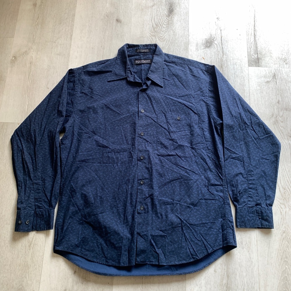 Equipment Men's Navy Blue Patterned‎ Long Sleeve Button-Down Dress Shirt Sz L